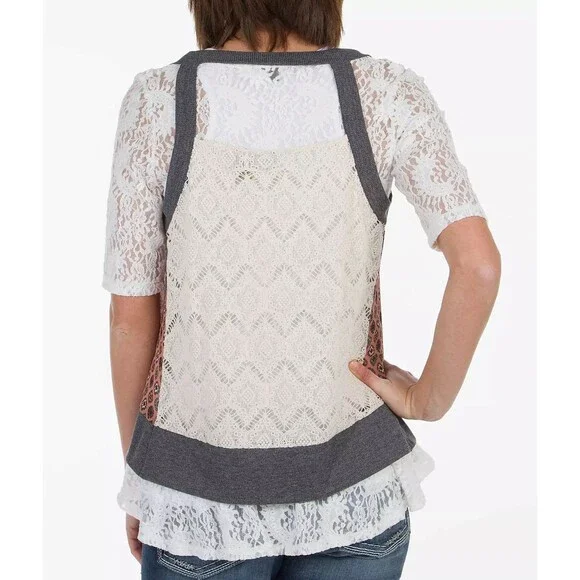 Gimmicks by BKE Pieced Vest Size M Lace Back Linen Printed Multicolor - Picture 2 of 10